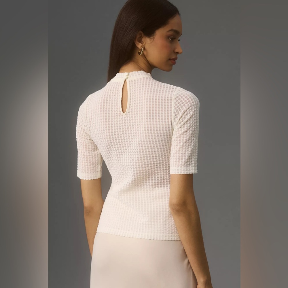 Anthropologie Maeve Sheer Neutral beige Mesh Mock-Neck Top Medium - Picture 3 of 10